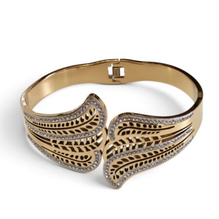 Filigree Feather Wing Crystal Hinged Bangle – Gold Stainless Steel