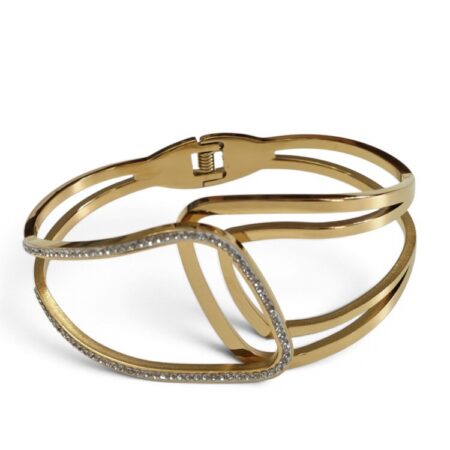 Geometric Crossover Hinged Bangle with Pavé Crystals – Gold Stainless Steel