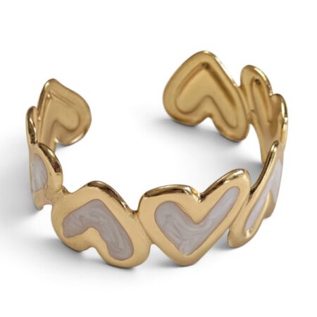 Connected Heart White Marbled Enamel Cuff Bangle – Gold Stainless Steel