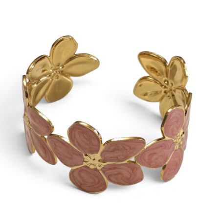 Dusty Rose Enamel Flower Garland Cuff Bangle – Gold Stainless Steel