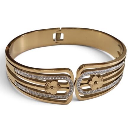 Multi-Bar Slit Floral Hinged Bangle with Pavé Crystals – Gold Stainless Steel