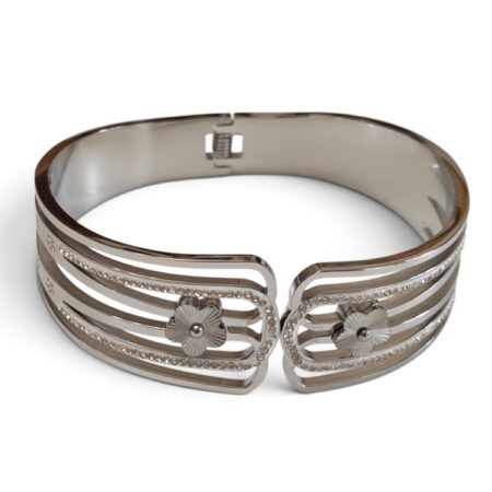 Multi-Bar Slit Floral Hinged Bangle with Pavé Crystals – Stainless Steel