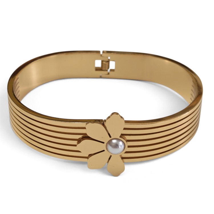 Multi-Strand Slit Flower Hinged Bangle with Faux Pearl – Gold Stainless Steel