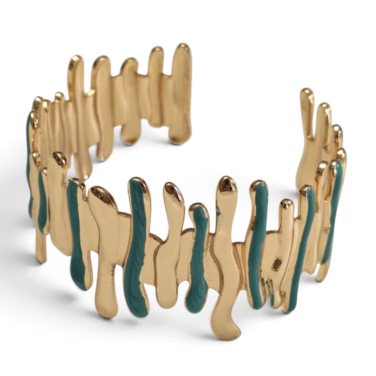 Abstract Melted Drip Statement Cuff Bangle โ Gold-Tone Stainless Steel with Teal Enamel