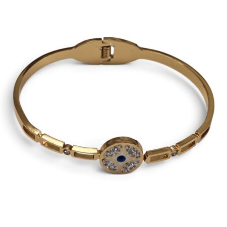 Evil Eye Pavé Crystal Disk Hinged Bangle – Gold Stainless Steel