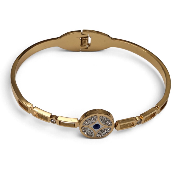 Evil Eye Pavé Crystal Disk Hinged Bangle – Gold Stainless Steel