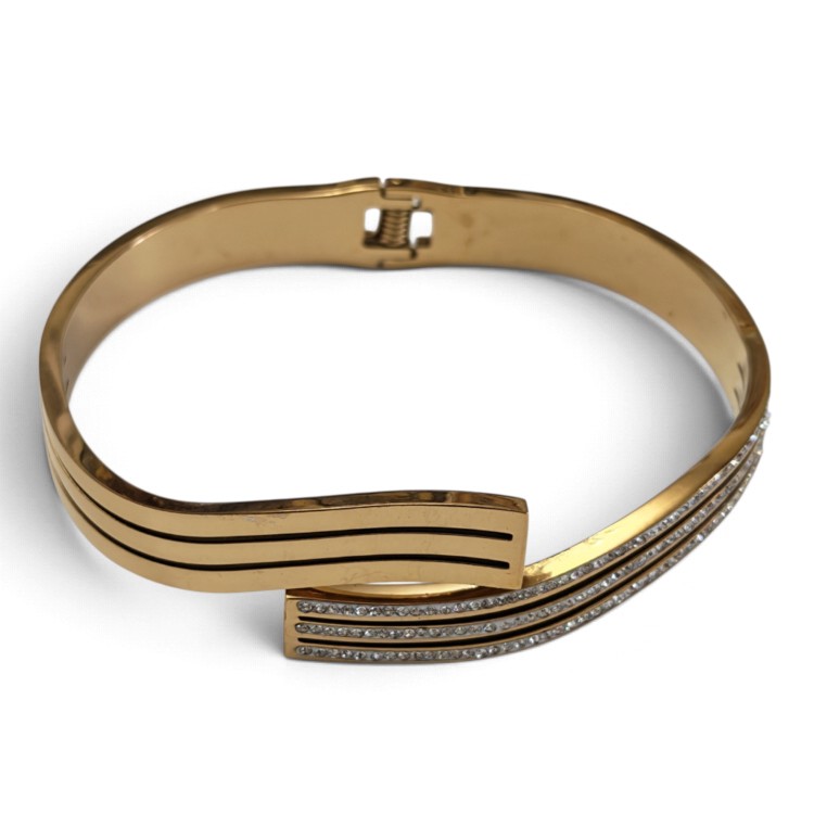 Curved Wave Pavé Crystal Bypass Hinged Bangle – Gold Stainless Steel