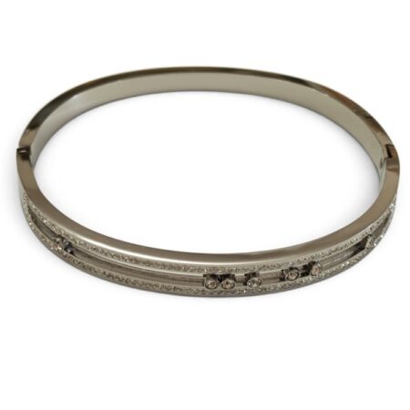 Double-Row Pavé Crystal Sliding Stone Hinged Bangle – Stainless Steel