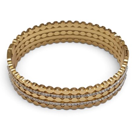 Pavé Rhinestone & Scalloped Bead Stacked Hinged Bangle – Gold Tone