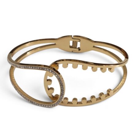 Gold Stainless Steel Cutout Crystal Interlocking Hinged Bangle Bracelet