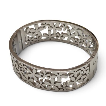 Meadow Blossom Open-Work Statement Cuff Bangle – Silver-Tone Stainless Steel