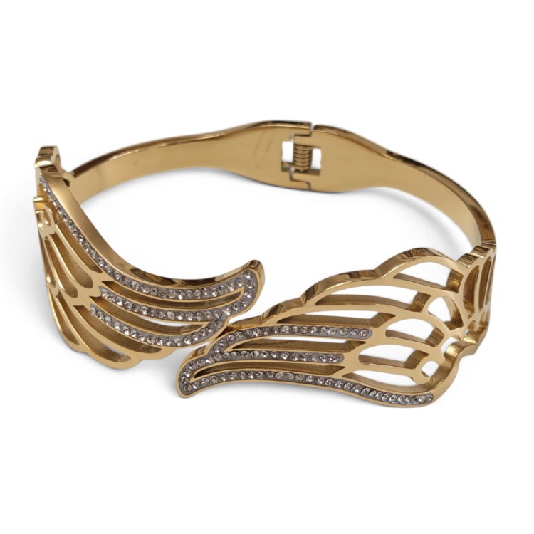 Angel Wing Pavé Crystal Hinged Bangle – Gold Stainless Steel