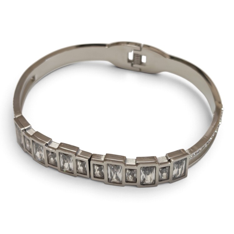Geometric Emerald-Cut Jewel Hinged Bangle โ Stainless Steel