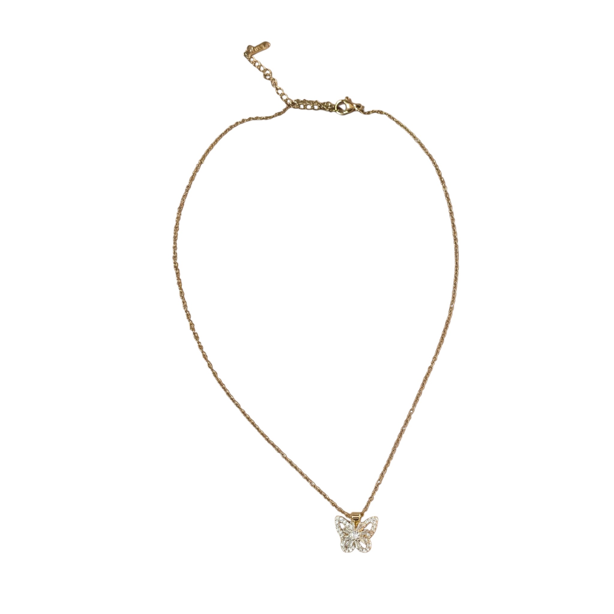 Gold Stainless Steel Pave Cubic Zirconia Butterfly Pendant Necklace