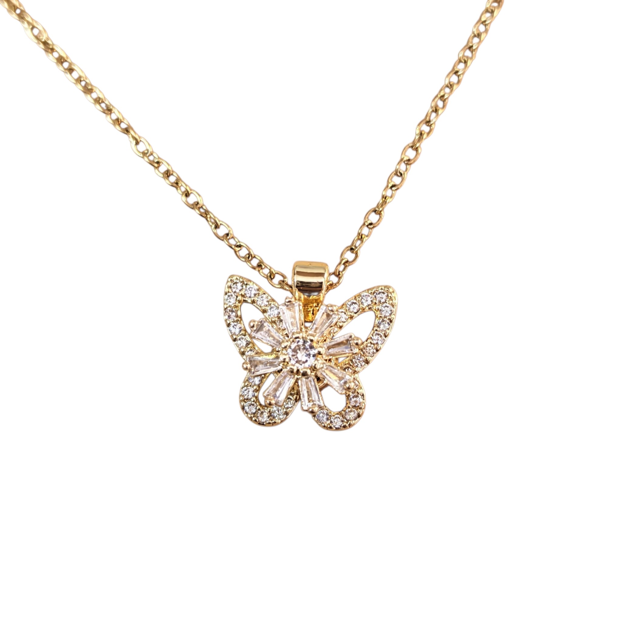 Gold Stainless Steel Pave Cubic Zirconia Butterfly Pendant Necklace - Image 2